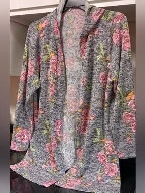 Faded Glory Grey/Pink Flowered Knit Cardigan w/Hood, Size 2X